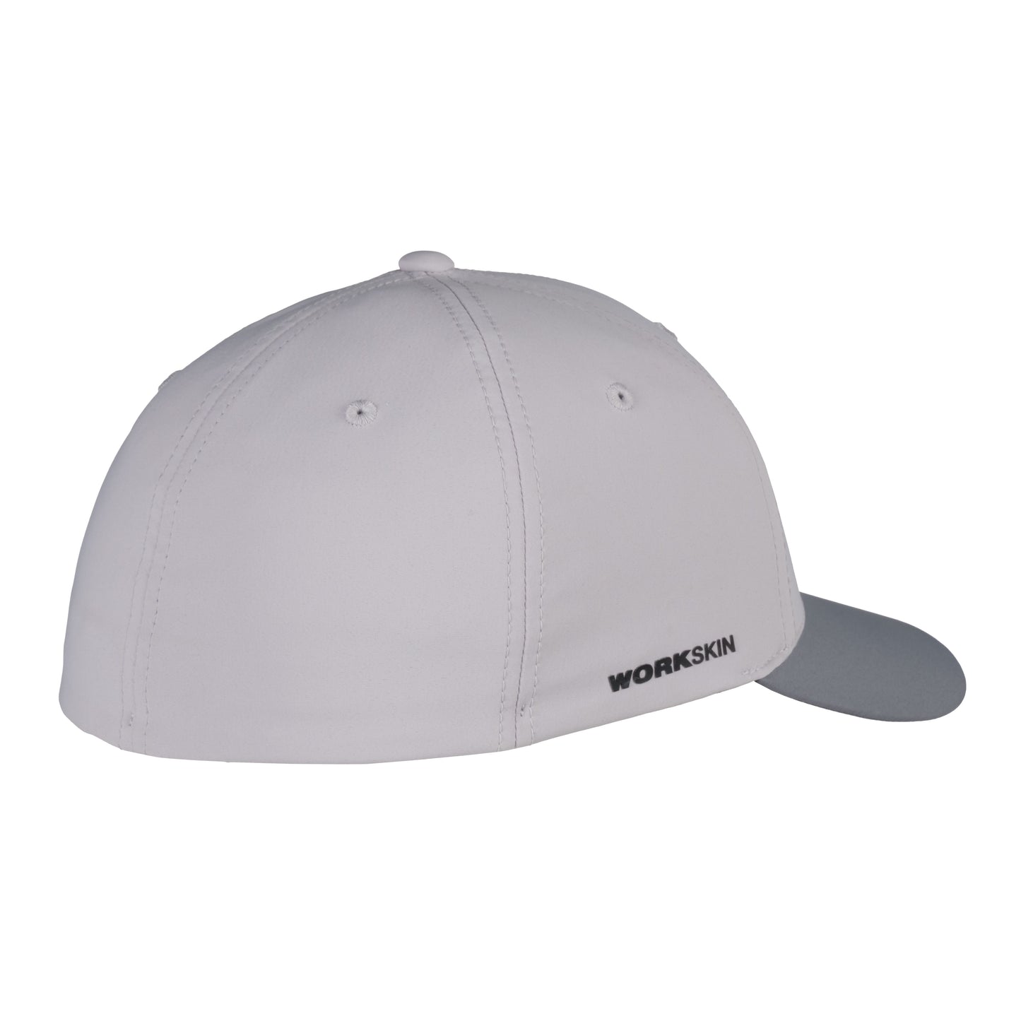 Gray and white fitted work hat with breathable eyelets and subtle WORKSKIN branding in Milwaukee Apparel collection under $50