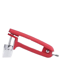 Red-handled cherry and olive pitter with comfortable grip for easy fruit pitting in kitchen gadgets collection