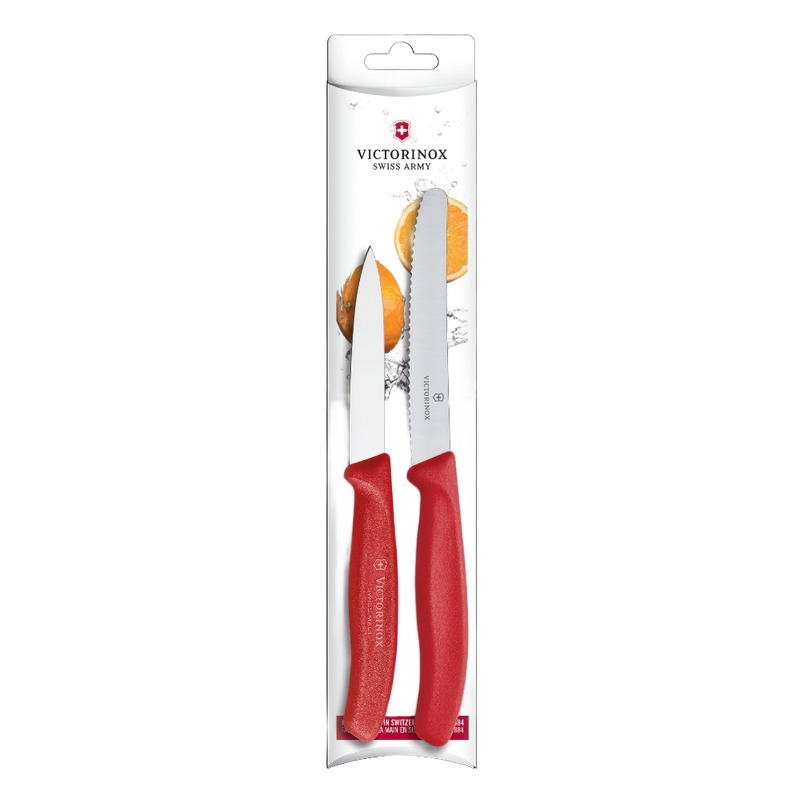 Victorinox kitchen utensil set with red handles including serrated and paring knives for cooking tasks under $50