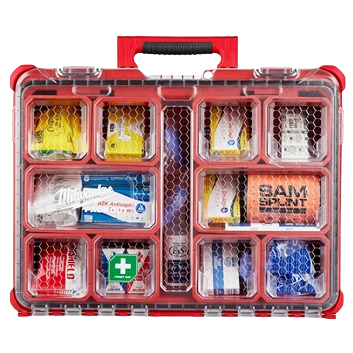 Compact red and clear first aid kit case with organized compartments for medical supplies and emergency care tools