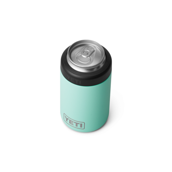Turquoise insulated can holder with black top, designed to keep 12-ounce beverages cold in drinkware and kitchenware collections