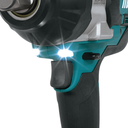 Close-up of teal and black cordless impact wrench trigger area with dual LED lights for improved visibility in tools and home improvement tasks