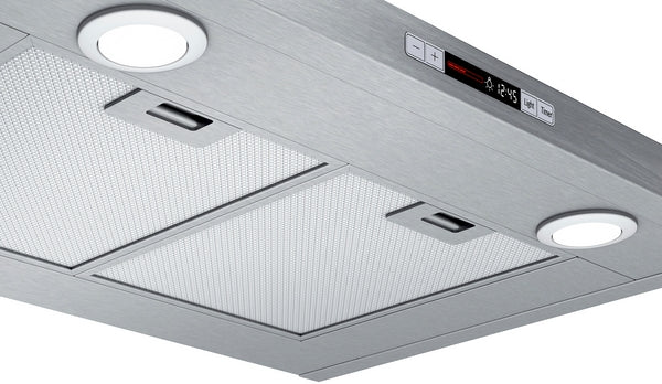 Stainless steel wall-mounted range hood with LED lights and digital control panel in kitchen appliances category