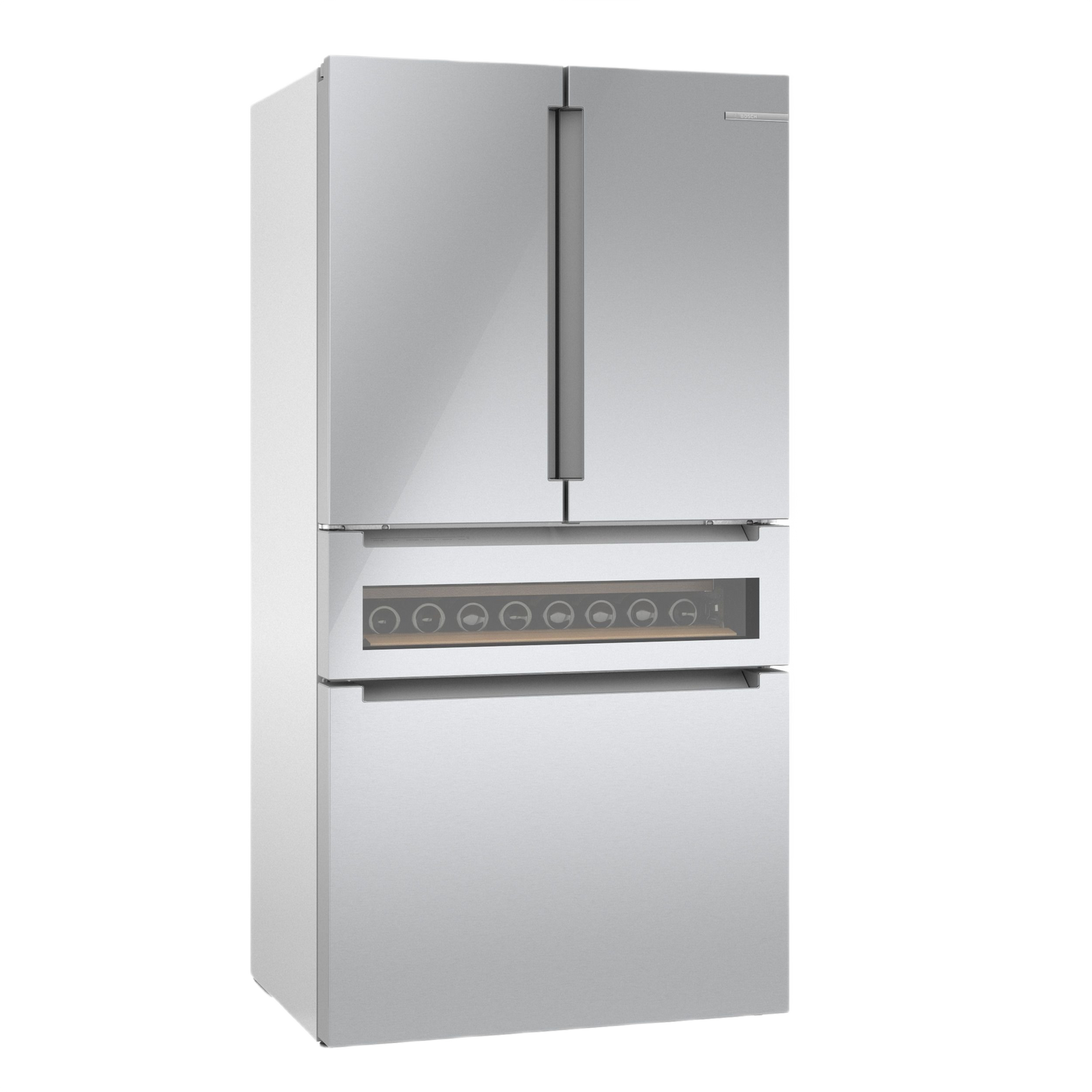 Stainless steel French door refrigerator with bottom freezer and glass-front wine storage panel in Bosch appliances collection