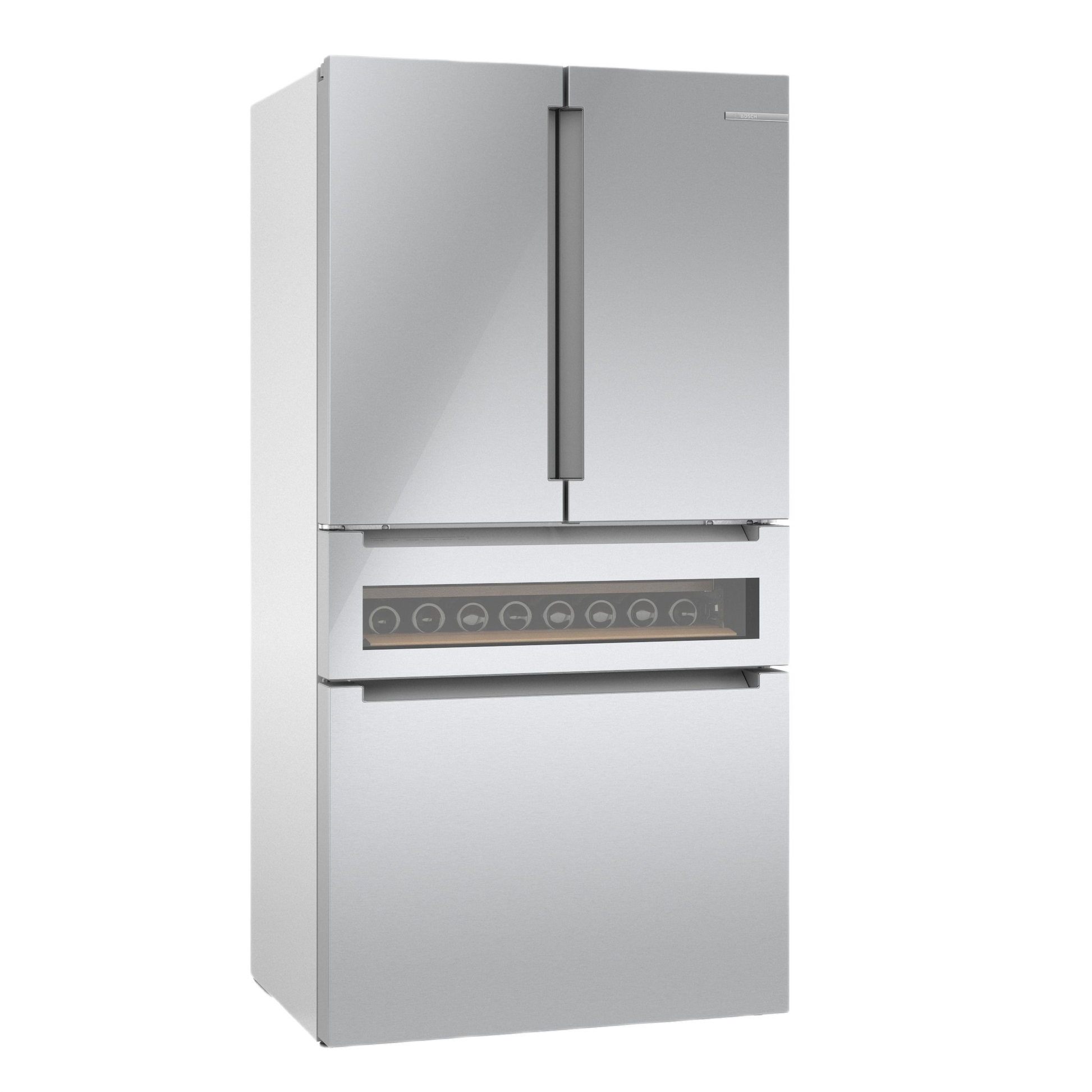 Stainless steel French door refrigerator with bottom freezer and glass-front wine storage panel in Bosch appliances collection