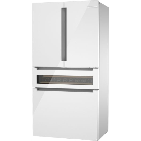White French door refrigerator with bottom freezer drawer and glass display panel from Bosch appliances collection