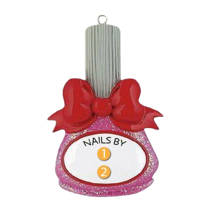Pink glitter nail polish ornament with red bow and personalized "Nails By" label in Christmas decorations under $50 collection