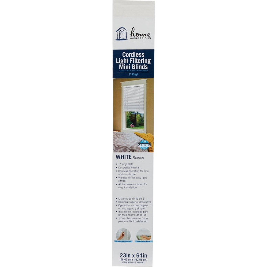 Cordless white vinyl mini blinds with light filtering slats and hardware for easy window installation.