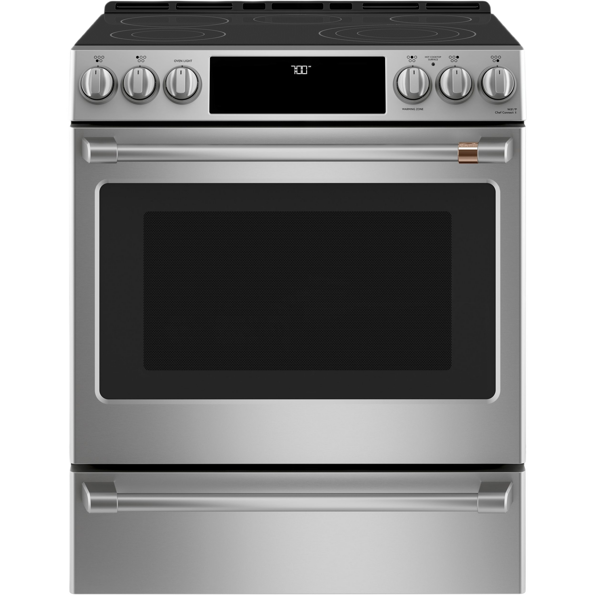 Stainless steel smart slide-in range with front controls, radiant cooktop, convection oven, and digital display from Ranges collection