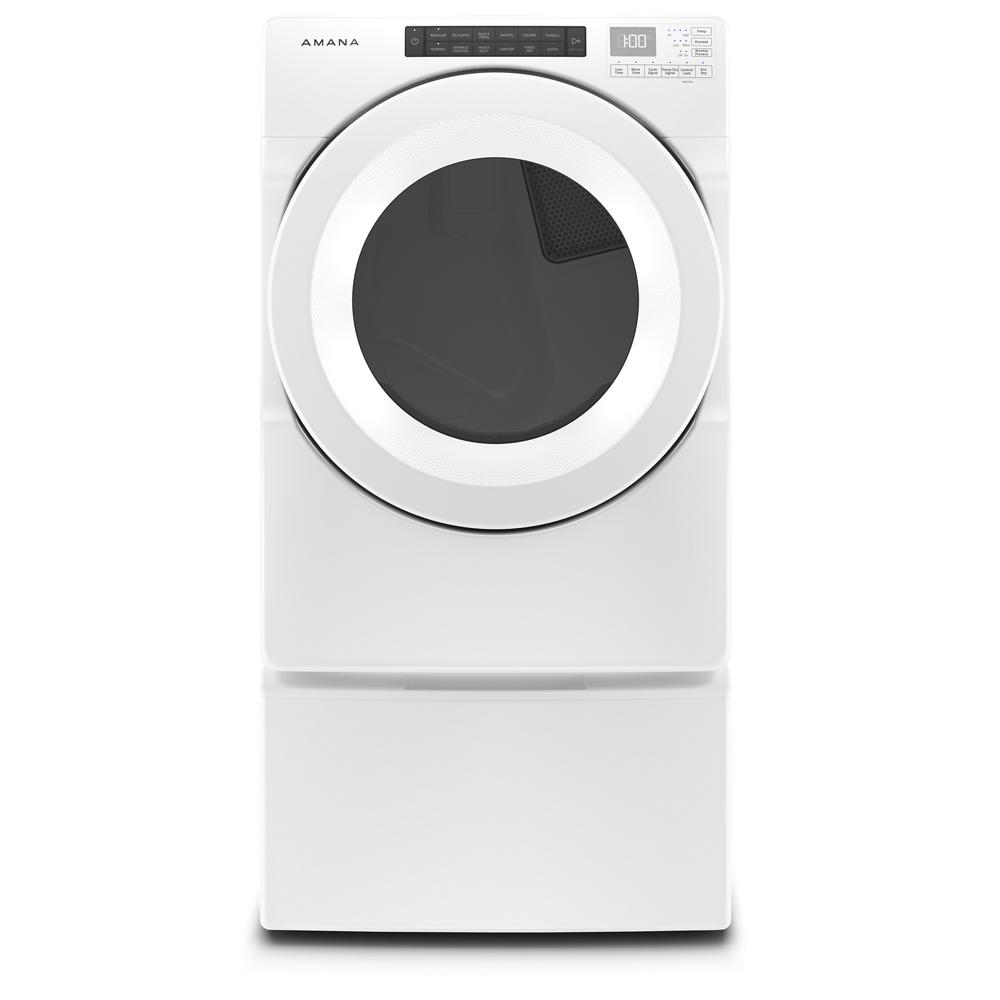 Front view of a white front-load dryer elevated on a pedestal with storage in Appliance Parts & Accessories collection