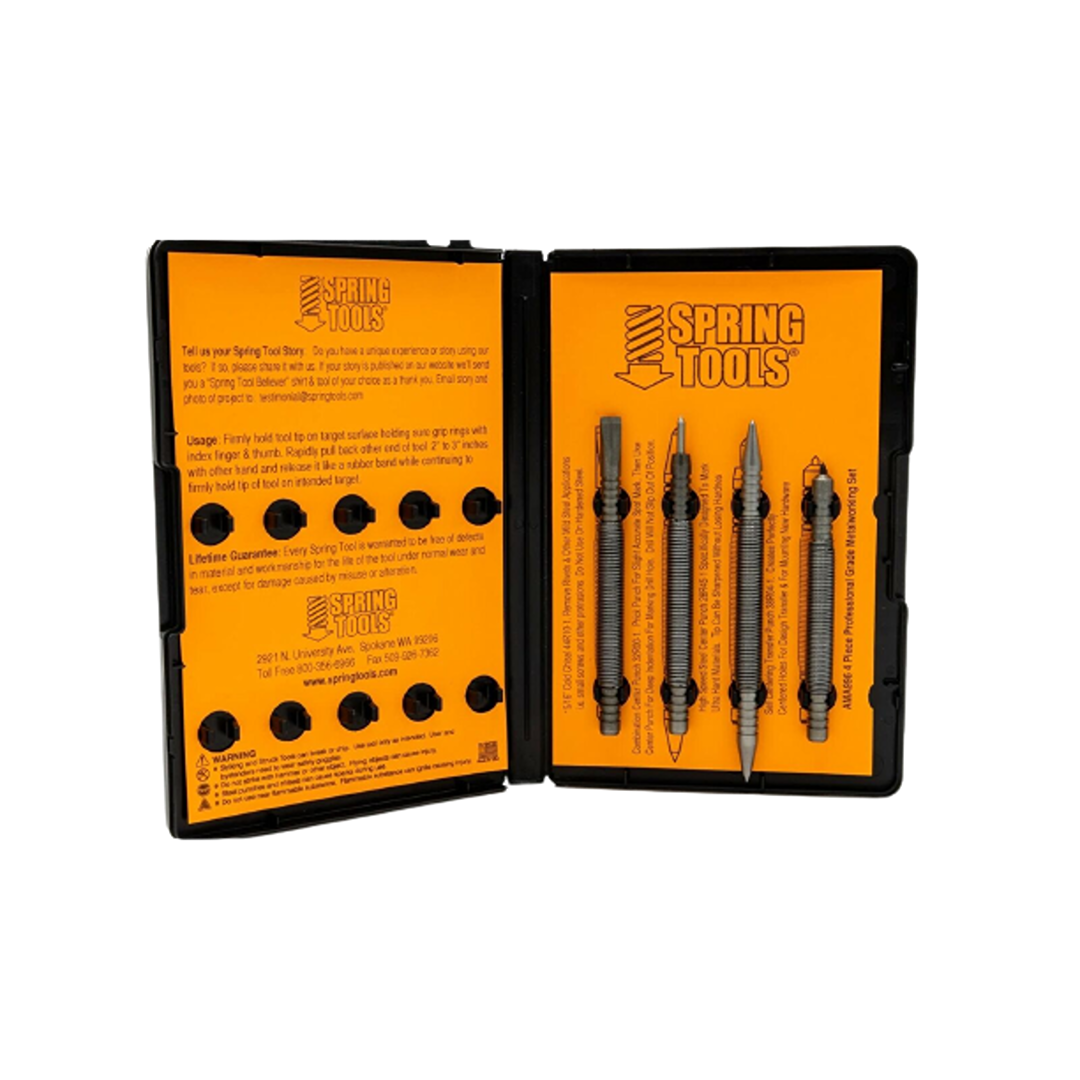Compact metalworking punch and chisel set in a black case with bright orange branded interior for home improvement use