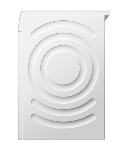 Side view of a compact white front load washer highlighting circular design pattern on the panel from Bosch appliances collection