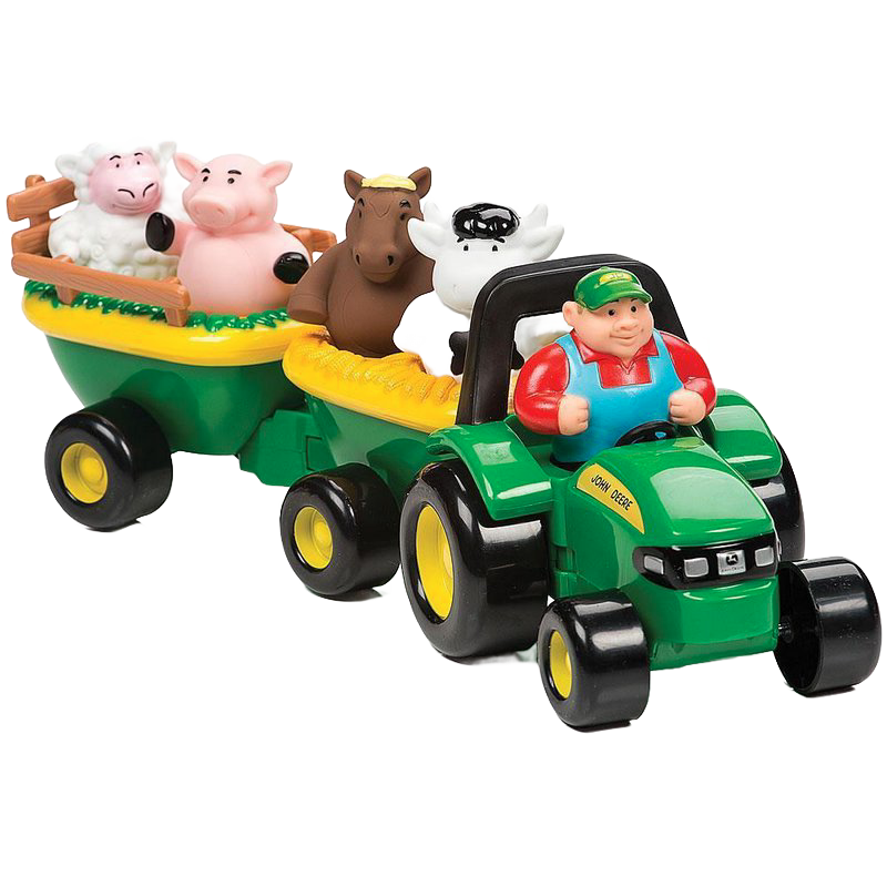 Green toy tractor with farmer figure pulling trailer carrying farm animal figures in Vehicles & Remote Controlled Toys collection