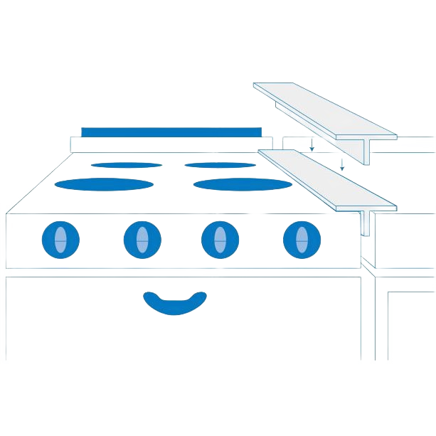 Illustration of a stovetop with blue burners and knobs alongside a white silicone counter connector for kitchen use