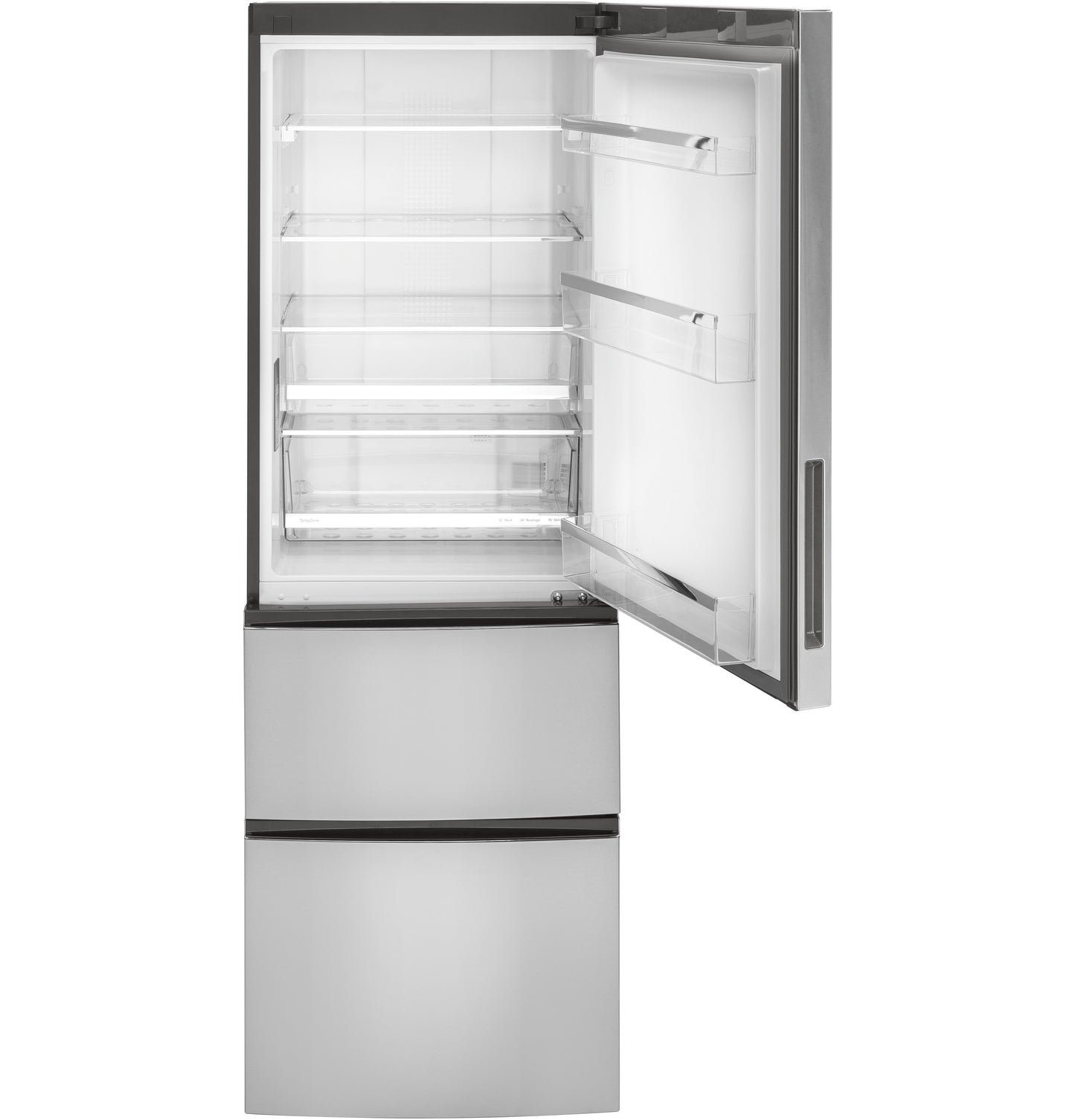 compact bottom-freezer refrigerator with open door showing glass shelves and stainless steel exterior for kitchen appliances