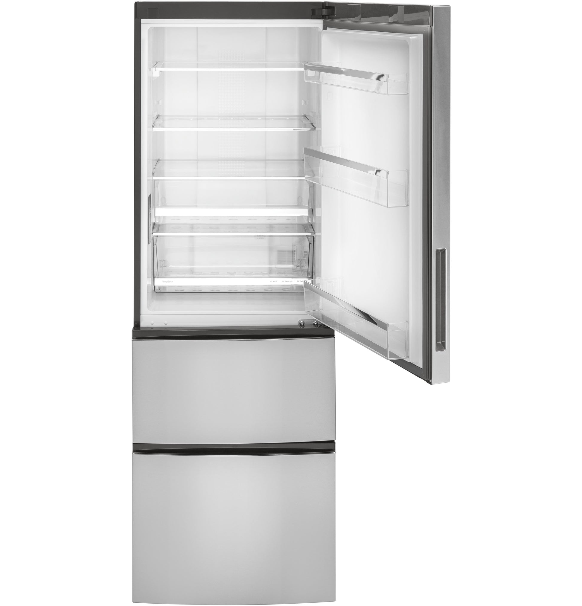 compact bottom-freezer refrigerator with open door showing glass shelves and stainless steel exterior for kitchen appliances