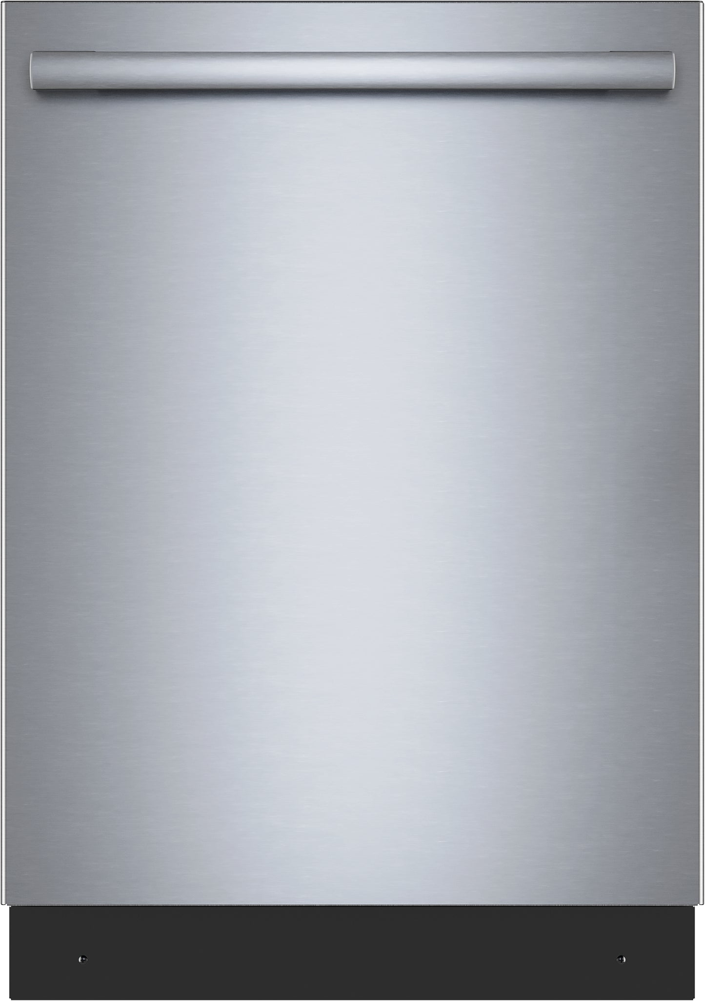 Front view of a sleek stainless steel dishwasher with anti-fingerprint finish in kitchen appliances collection