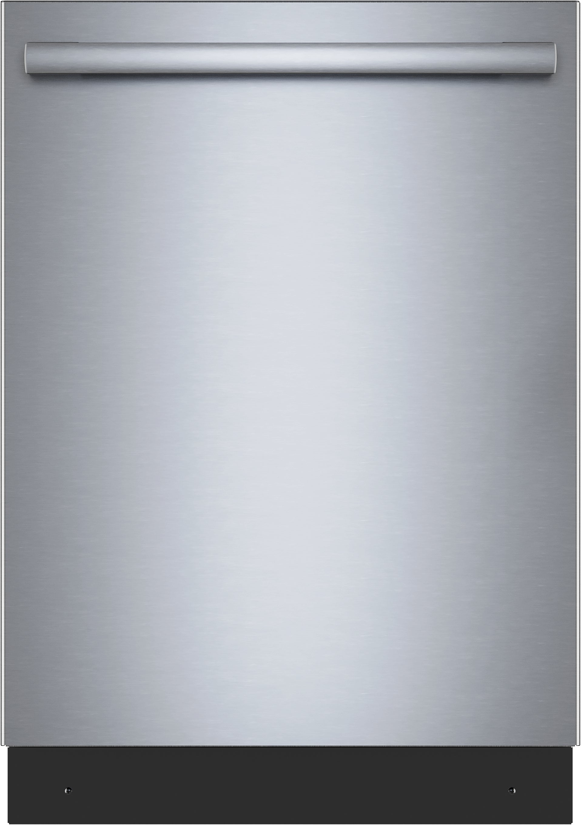 Front view of a sleek stainless steel dishwasher with anti-fingerprint finish in kitchen appliances collection