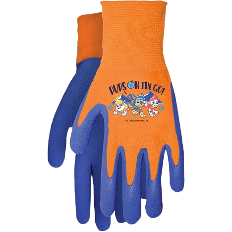Orange and blue toddler gloves with textured grip and Paw Patrol cartoon characters for kid-friendly outdoor use