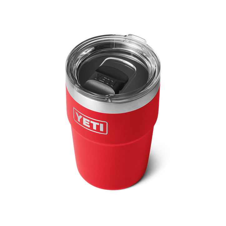 Red insulated 16 oz stackable cup with clear lid and stainless steel rim from drinkware and kitchenware collections