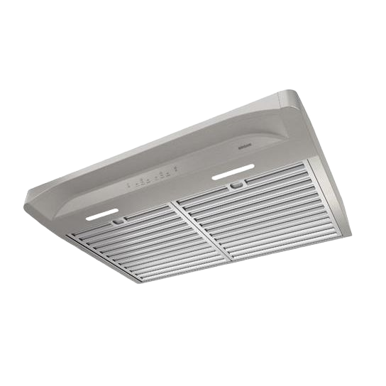 Under-cabinet stainless steel range hood with sculpted curves and touch controls for kitchen ventilation and home improvement