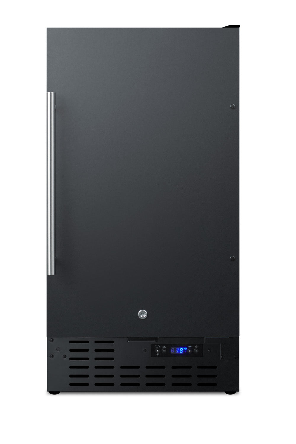 Tall black built-in freezer with stainless steel handle and digital temperature display for home improvement use