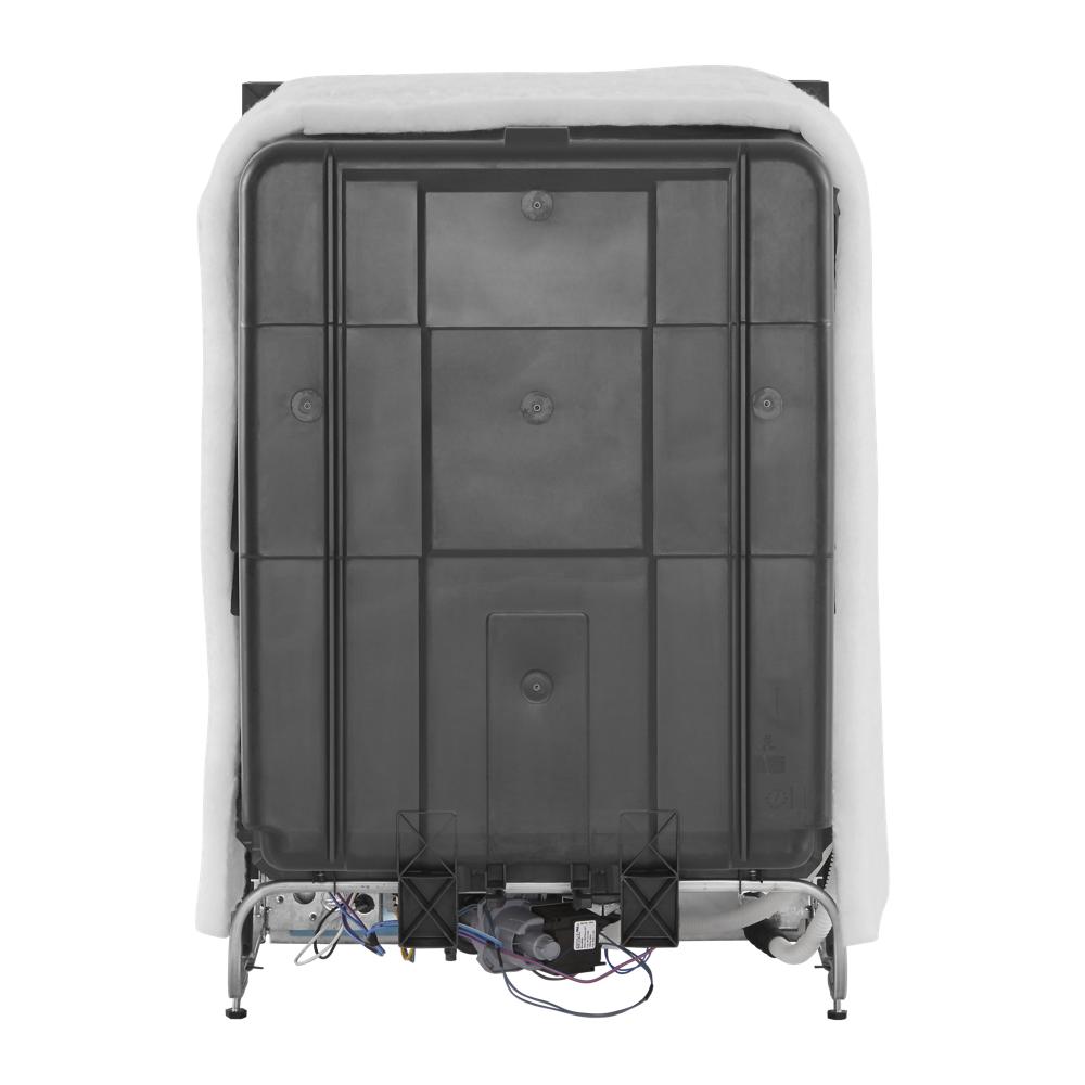 Rear view of dishwasher with insulation padding and visible mechanical and wiring components for kitchen appliances collection