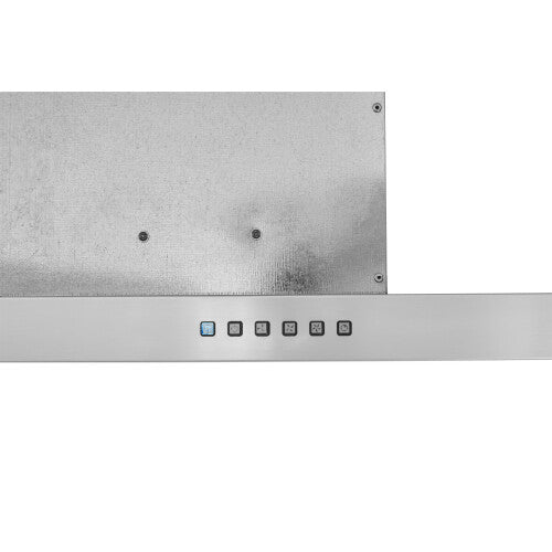 Stainless steel range hood control panel with push buttons and ventilation panel for home improvement use.