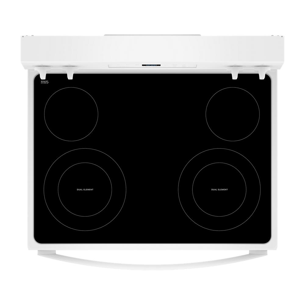 Top view of white 30-inch electric range with smooth black glass cooktop in kitchen appliances collection