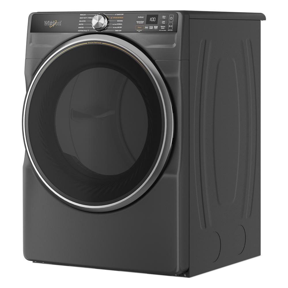 Angled view of dark gray smart front load gas dryer with digital display and large transparent door from Dryers and Gas Dryers collections