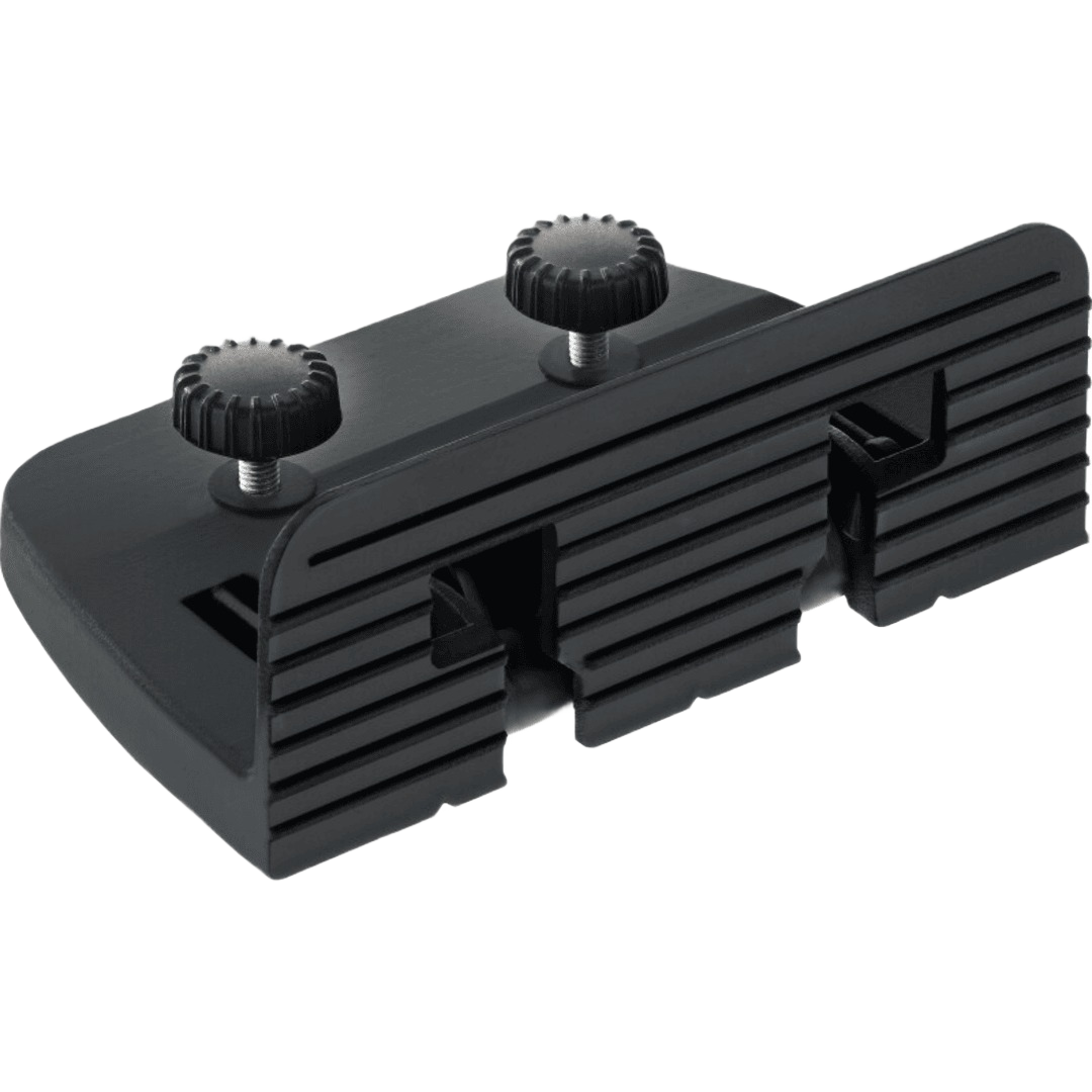 Black plastic support bracket with adjustable knobs, part of woodworking tool accessories for joiner stability and precision.