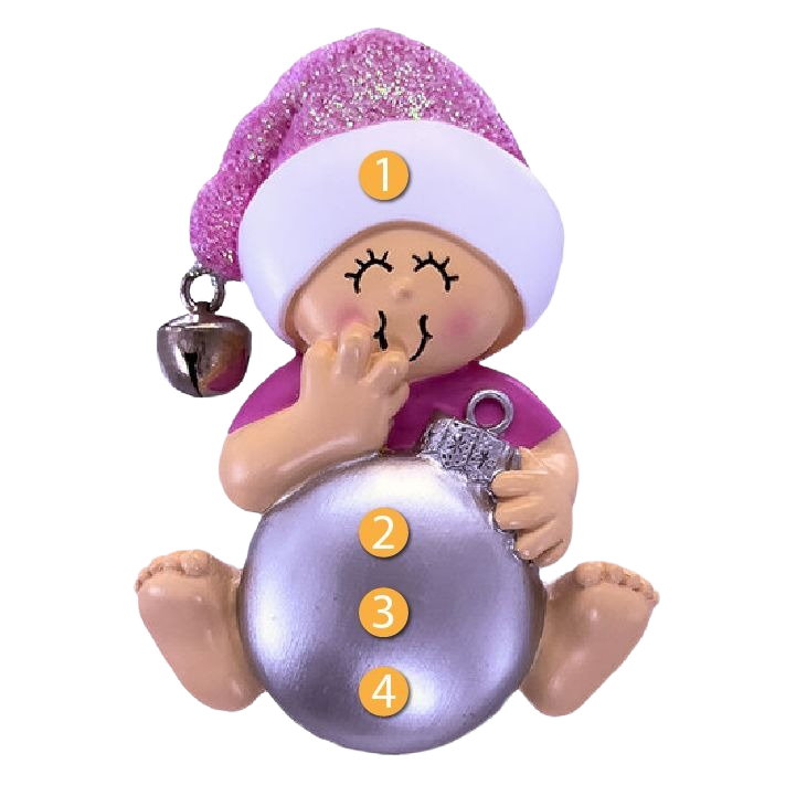 Pink-hatted baby figurine holding shiny bulb ornament from Christmas Ornaments & Tree Decorations collection