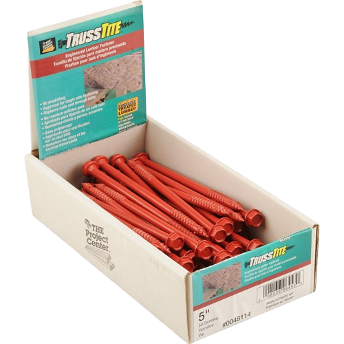 Box of 5-inch red hex washer screws for steel framing in hardware, fasteners, and lumber building materials collections