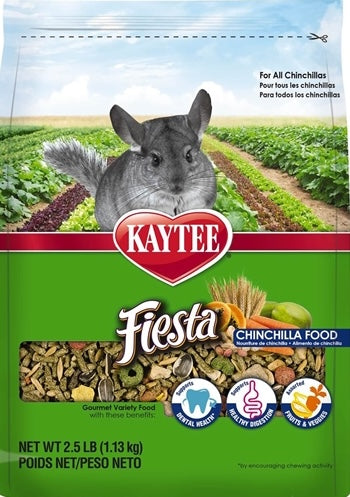 Green and blue package of Kaytee Fiesta premium chinchilla food with image of gray chinchilla on field background