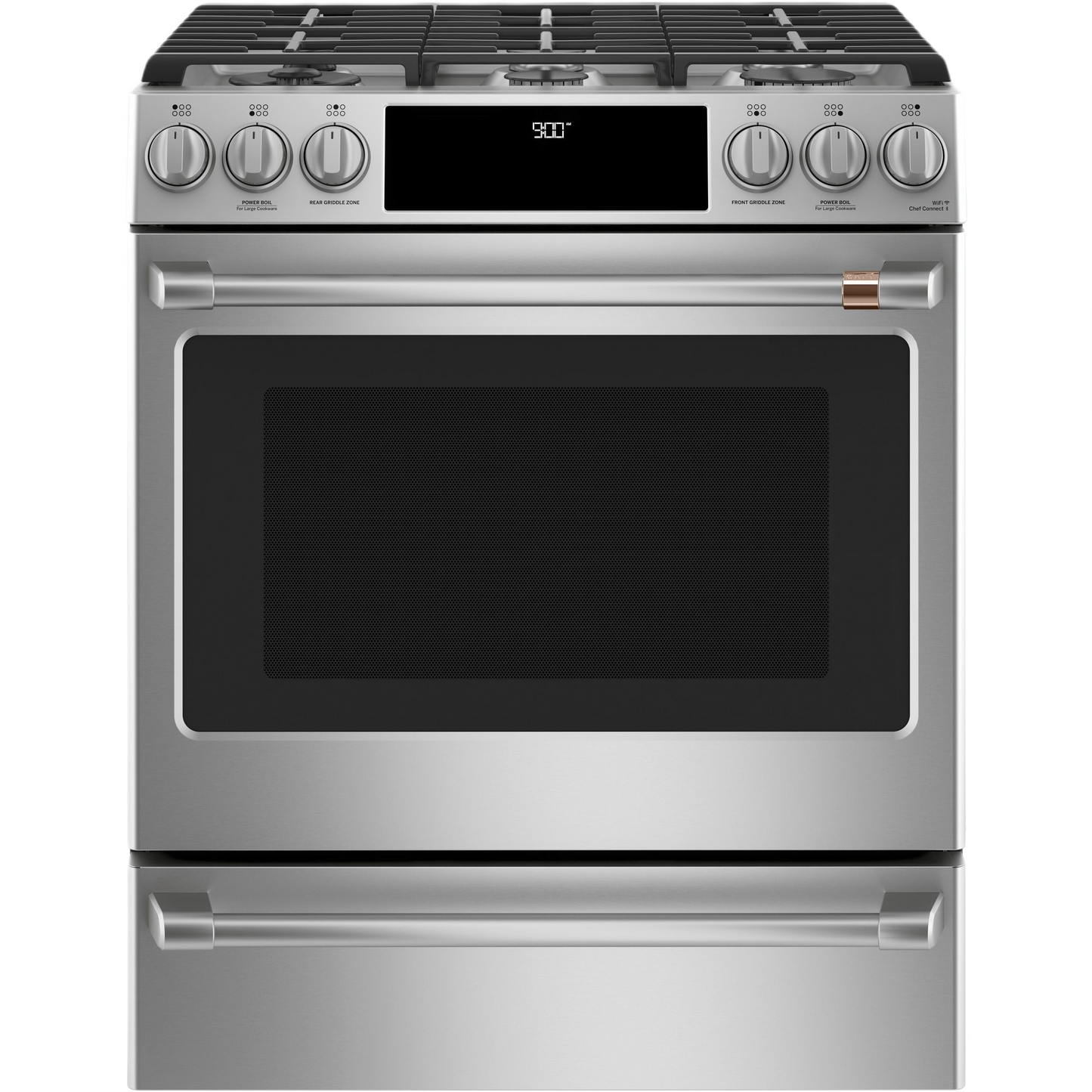 Stainless steel dual-fuel slide-in range with front controls, warming drawer, and digital display for kitchen appliances