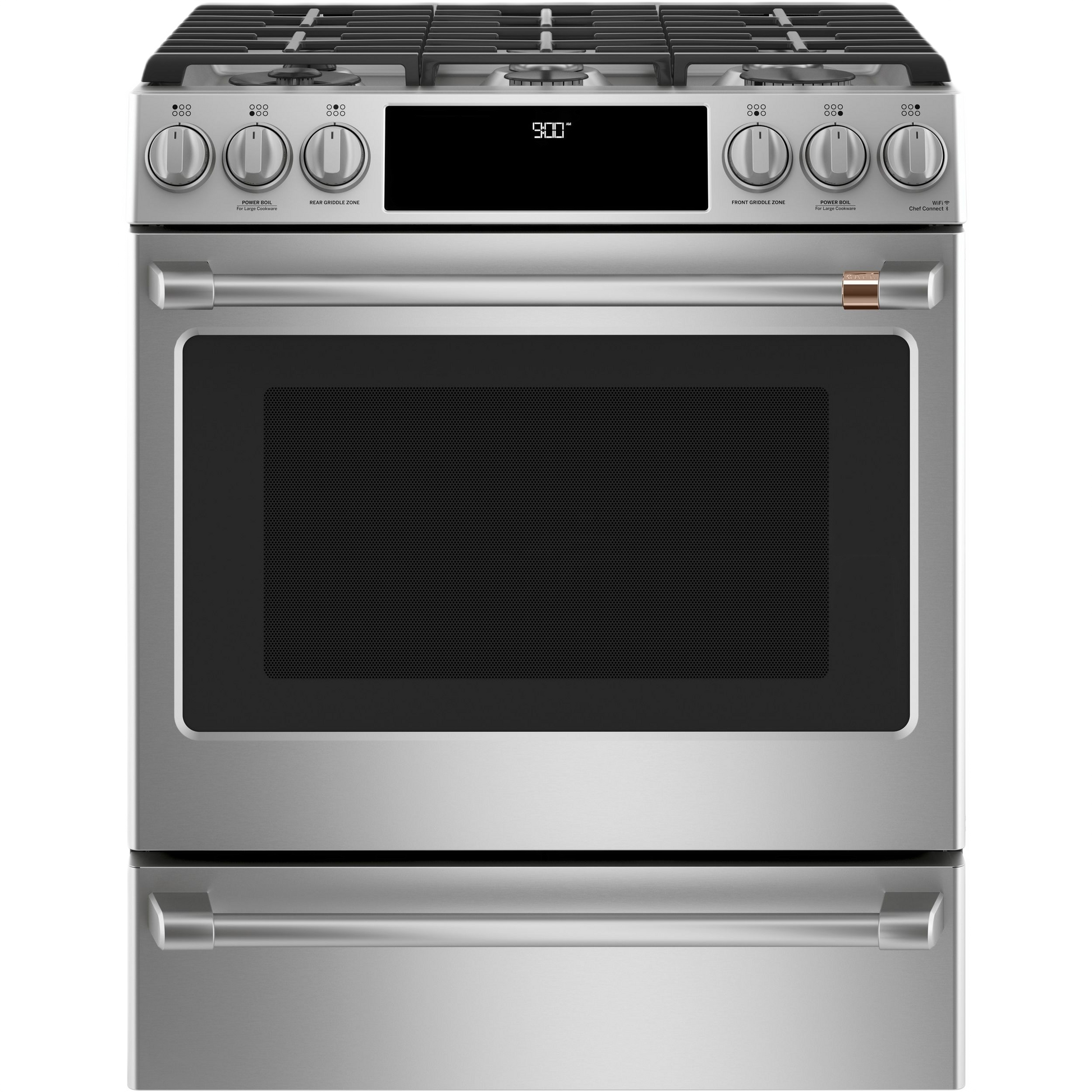 Stainless steel dual-fuel slide-in range with front controls, warming drawer, and digital display for kitchen appliances
