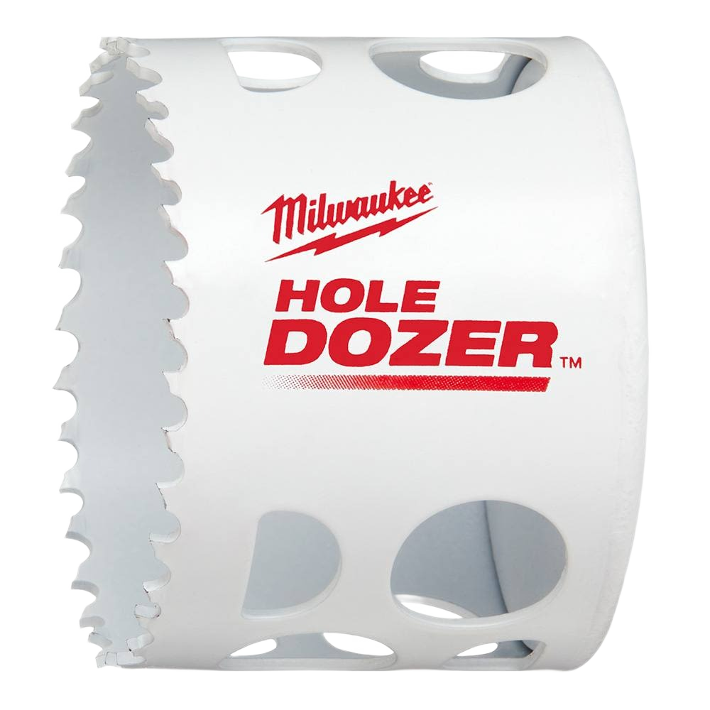 White bi-metal cup hole saw with sharp teeth and red Milwaukee HOLE DOZER logo for woodworking tools and home improvement use