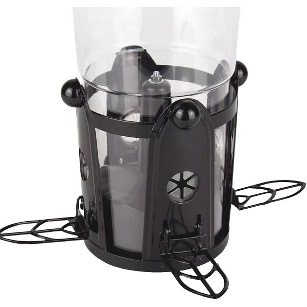Clear plastic bird feeder with black frame and flexible feeding ports designed to hold up to 3 pounds of birdseed