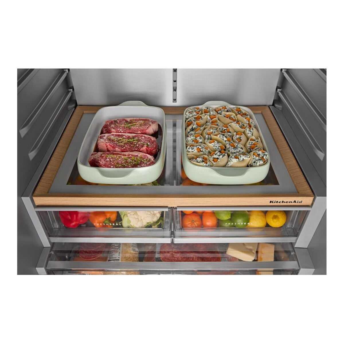 30 Cu. Ft. 36-Inch French Door Refrigerator with Exterior Water and Ice Dispenser and Wood-Look Sliding Tray in Black Ore