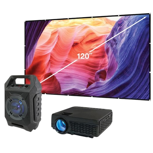 120-inch projection screen with compact black projector and portable speaker for home entertainment setup