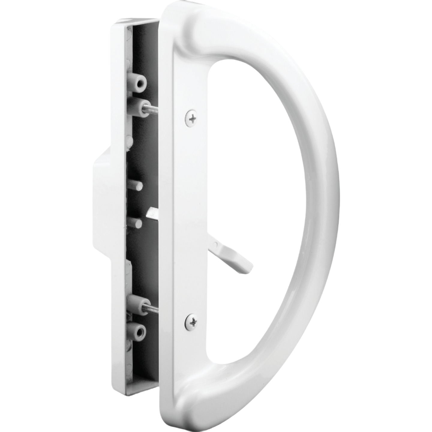 White reversible sliding patio door handle set with steel latch activator for home improvement hardware projects