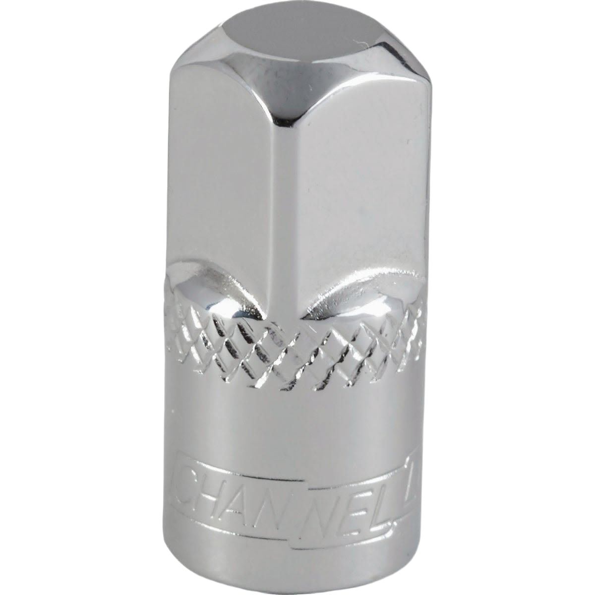 Chrome-finished metal socket adapter with knurled grip for secure handling in tools and home improvement projects