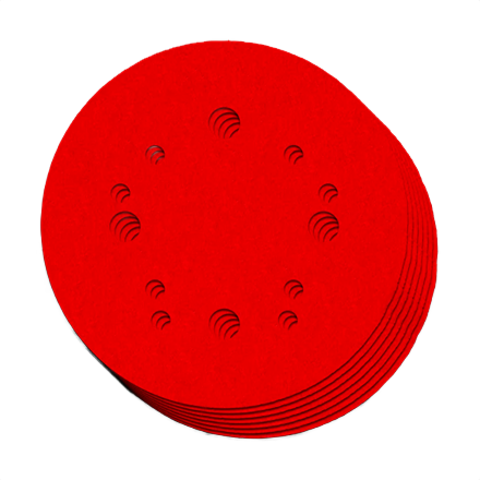 Stack of red 5-inch hook and lock sanding discs with multiple perforations for dust extraction in abrasives collection