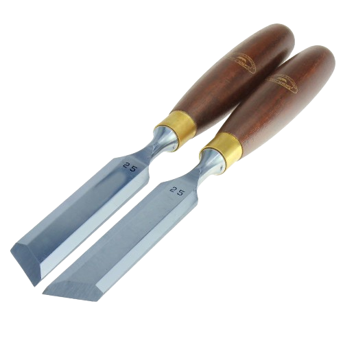 Pair of skew chisels with wooden handles and brass ferrules for woodworking and home improvement tasks