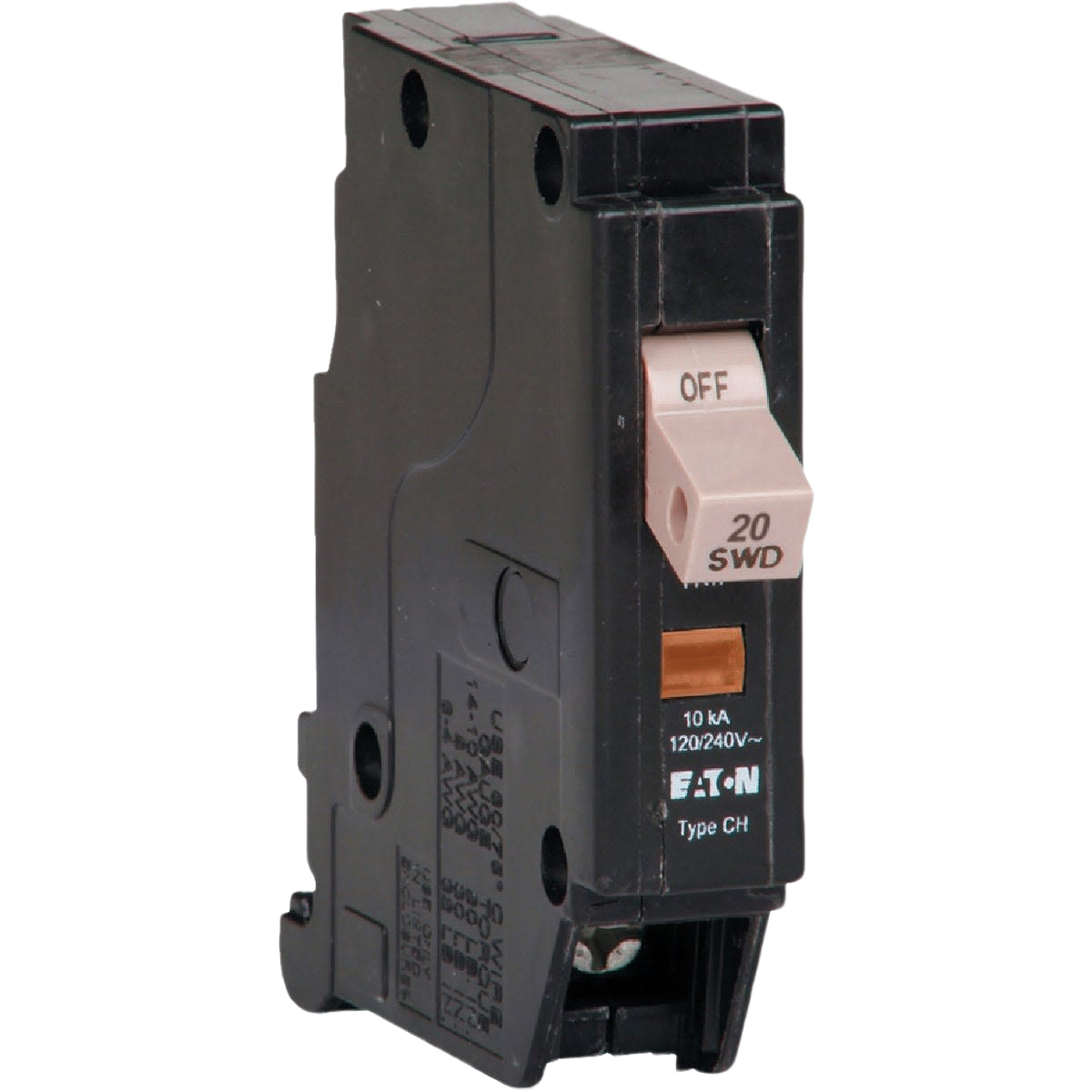 Black single-pole circuit breaker switch with 20 amp rating for electrical panels in home improvement and breaker collections