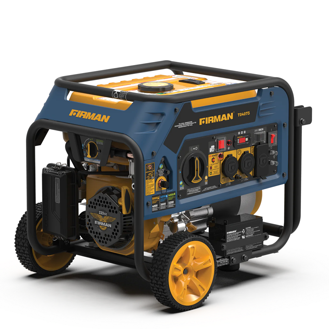 Blue and yellow tri-fuel portable generator with electric start, control panel, and yellow wheels for home improvement use