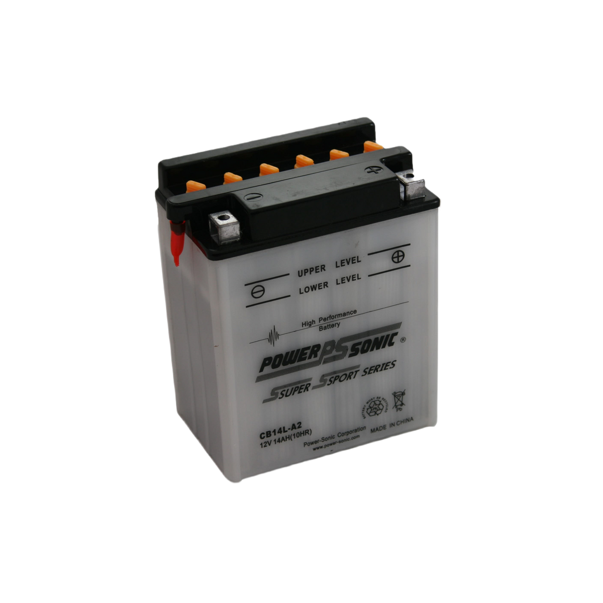 Gray PowerSonic motorcycle battery with visible electrolyte level and top terminals for Motorcycle and ATV collection