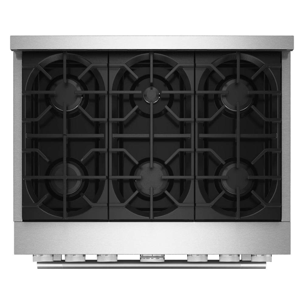 Top view of a stainless steel 36-inch gas range with six commercial-style burners and cast iron grates, part of Ranges and Kitchen & Kitchenware collections.