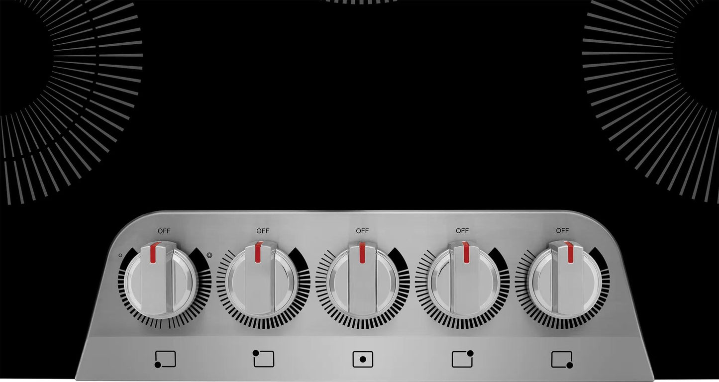 Control panel of 30-inch electric cooktop with five metal knobs and black glass surface in Cooktops and Appliances collections