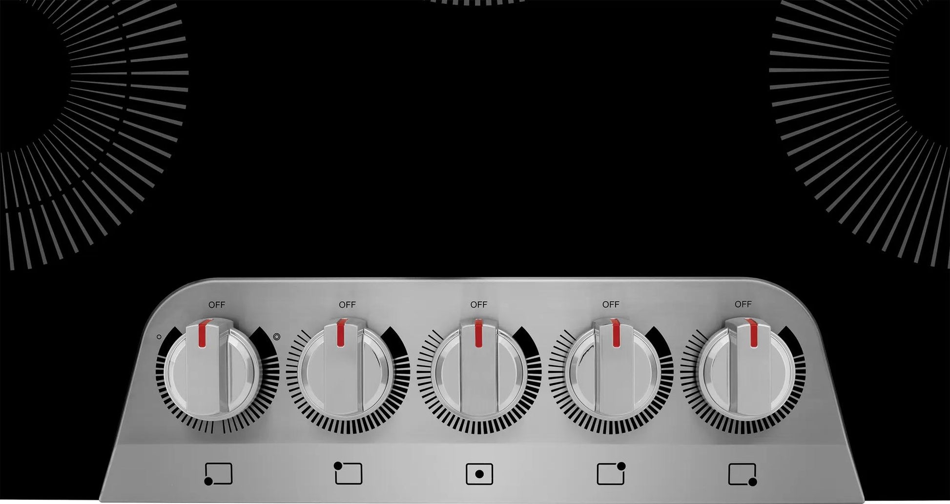 Control panel of 30-inch electric cooktop with five metal knobs and black glass surface in Cooktops and Appliances collections